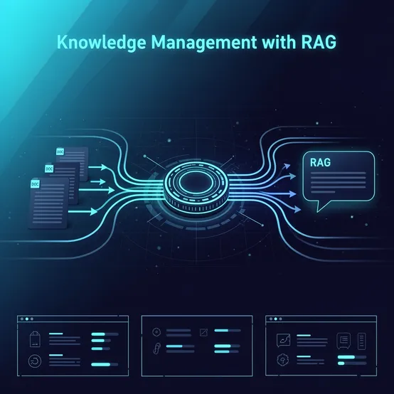 Grafik „Knowledge Management with RAG“: Dokumente fließen in ein KI-System