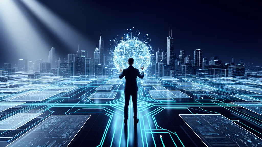 Gründer von nexivium blickt auf eine leuchtende digitale Unternehmensarchitektur in dunkelblau und cyan.